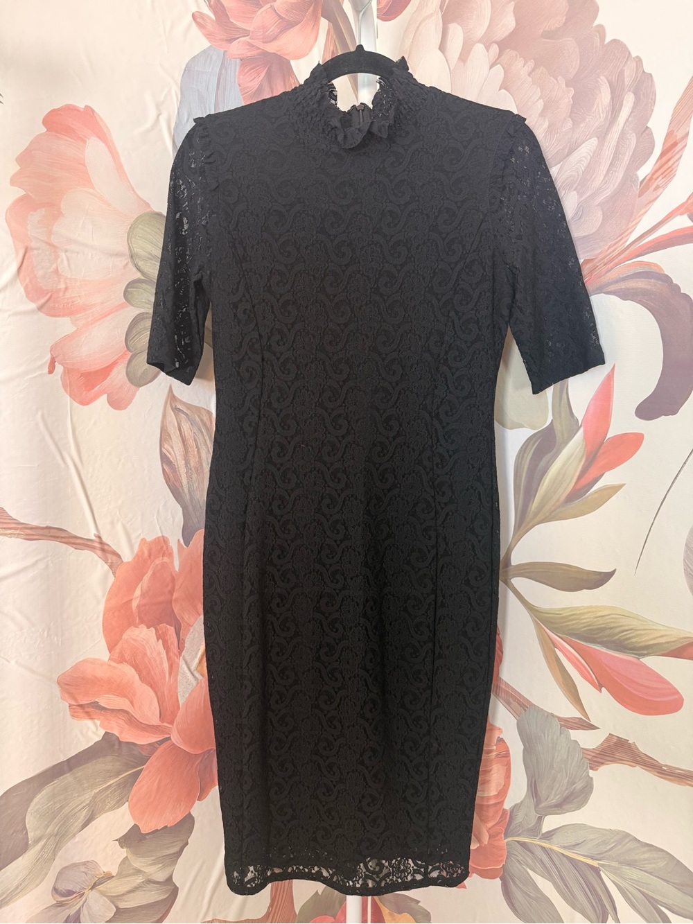 1.State Elegant Black Lace Women's Dress with High Neck - Small